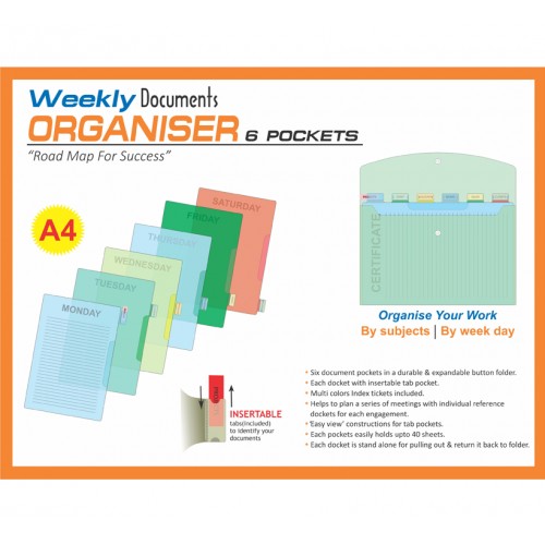 Weekly Documents Organizer 6 Pockets - DD206 (A4), Pack of 2
